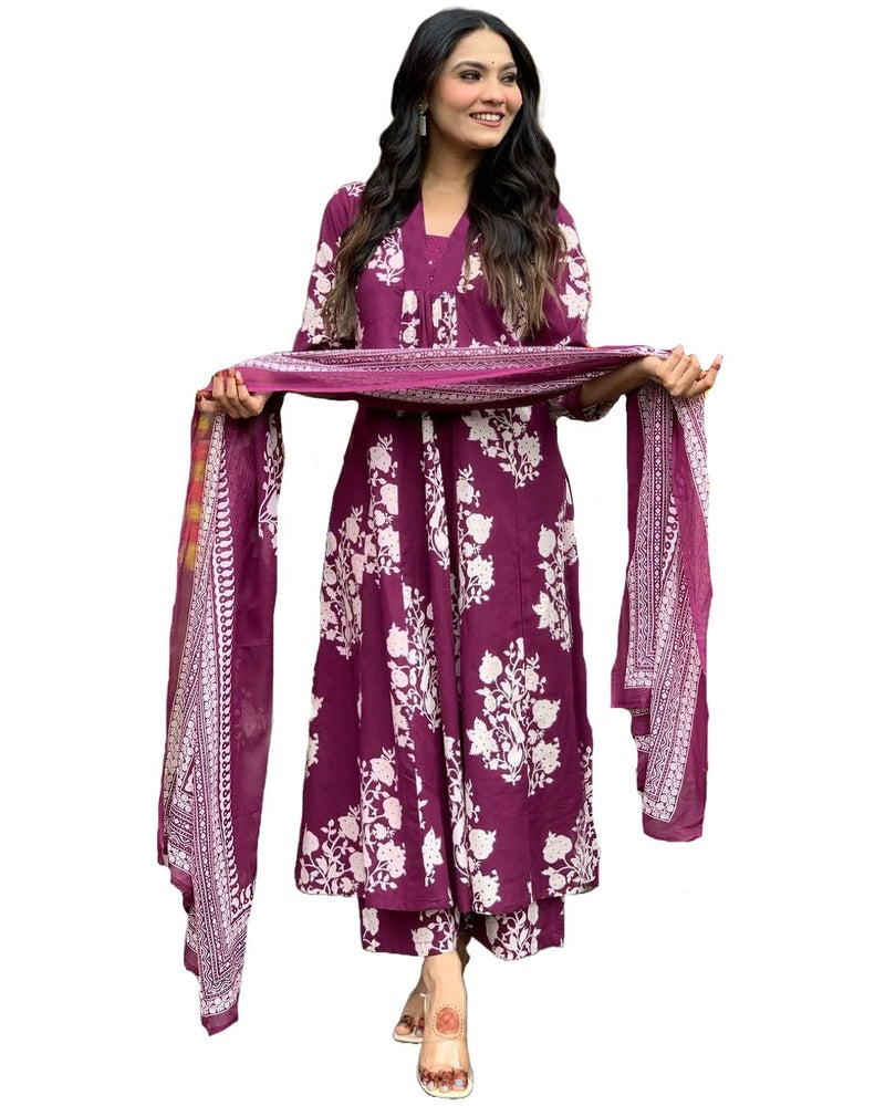 ANNI DESIGNER Women's Rayon Blend Anarkali Printed Kurta with Pant & Dupatta (Jasiwal Wine_M_Wine_Medium) - Image 1