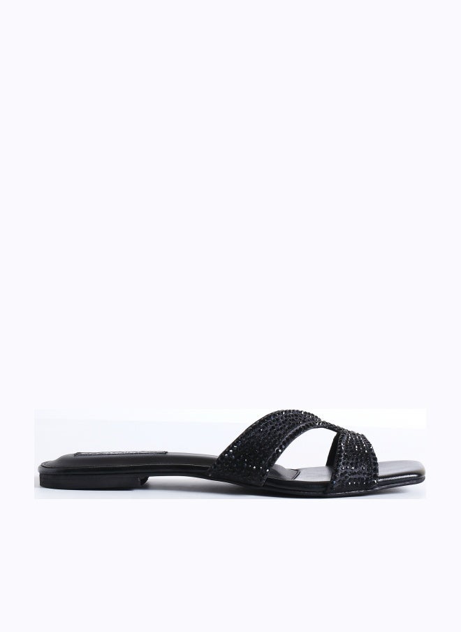 Crystalicious Sapphire Handcrafted Glitter Flat Women Sandals, Square Toe, Non-Slip For Day-To-Night - Image 1