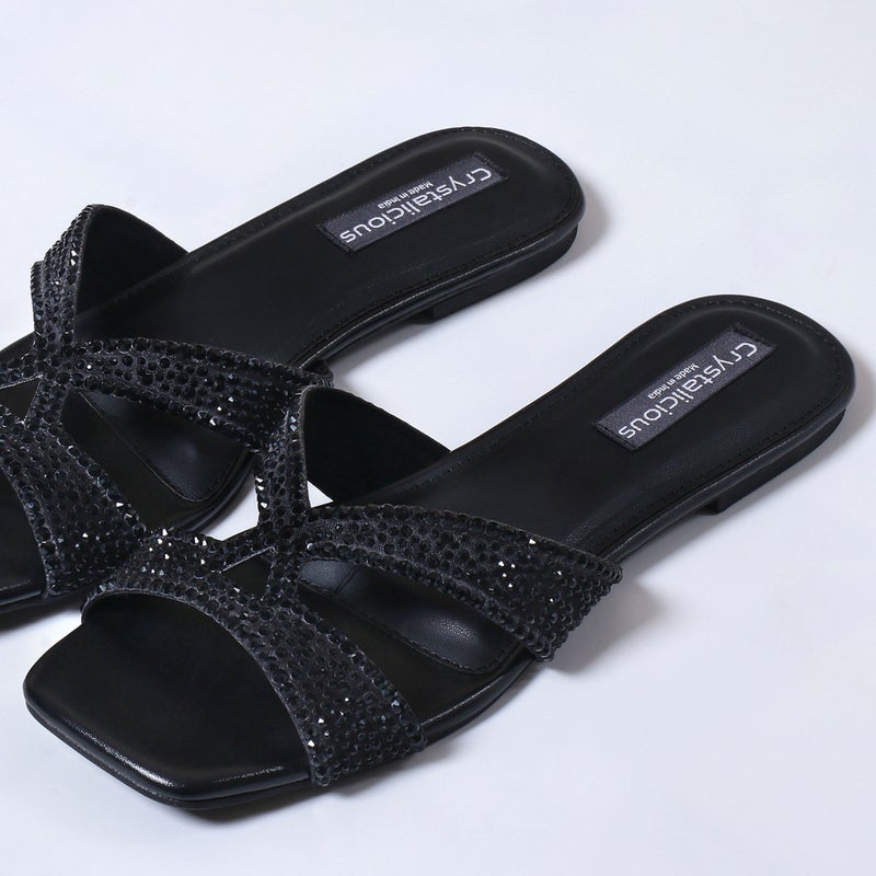 Crystalicious Sapphire Handcrafted Glitter Flat Women Sandals, Square Toe, Non-Slip For Day-To-Night - Image 2