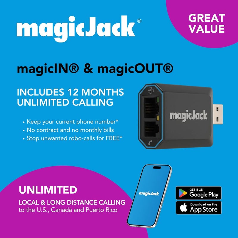 magicJack VOIP Phone Adapter - Unlimited Calls to US & Canada, No Monthly Bill, Portable Internet Phone with App, magicIN™ & magicOUT™ Service - Image 2