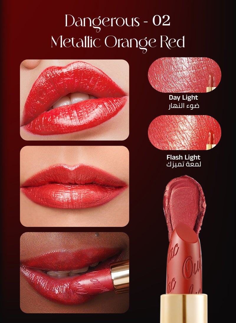 Oulac Metallic 3D Shine Orange Red Lipstick - Lightweight Hydrating Formula, High Impact Lip Color, Vegan & Gluten Free Beauty, Full Coverage Lip Makeup, 4.3g/0.15oz, Dangerous-02 - Image 2