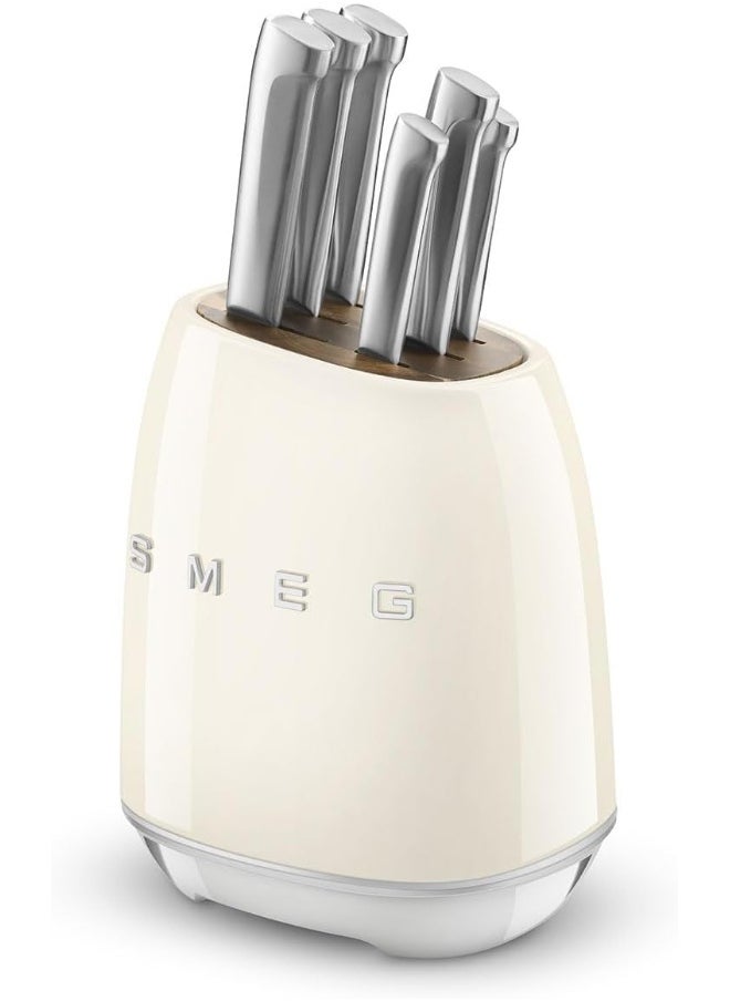 smeg Smeg, KBSF02CR Knife Block, 6 Knives Included in Stainless Steel, Stainless Steel Block Body and Knife Slot, Acacia Wood, Cream  - Image 3