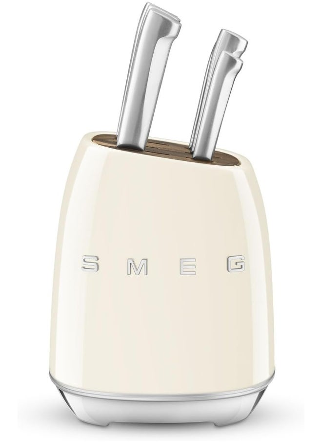 smeg Smeg, KBSF02CR Knife Block, 6 Knives Included in Stainless Steel, Stainless Steel Block Body and Knife Slot, Acacia Wood, Cream  - Image 1