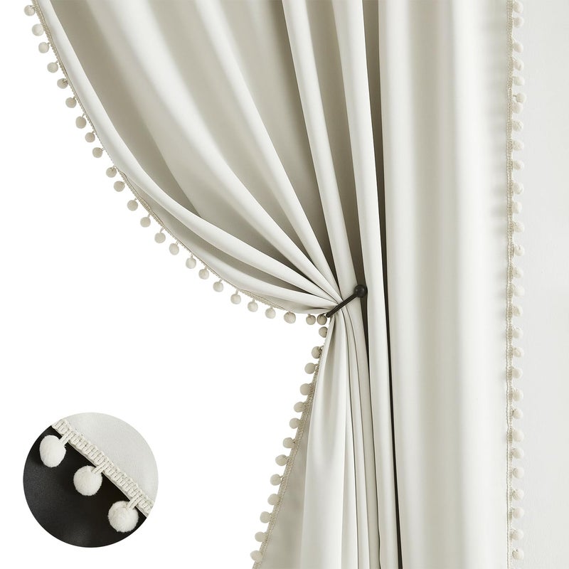 Treatmentex Natural Blackout Curtains for Bedroom Living Room 84inch Long Iovry/Beige Pom Pom Curtain Panels for Windows Thermal Insulated Curtains for Kids Nursery Room Rod Pocket 52"" W x 2pcs - Image 1