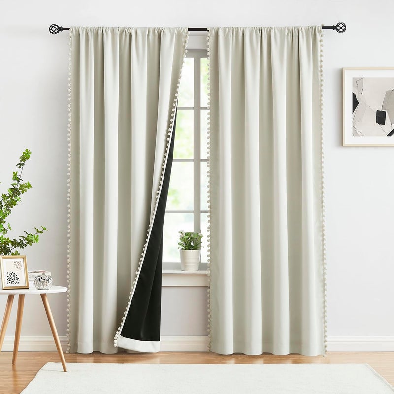 Treatmentex Natural Blackout Curtains for Bedroom Living Room 84inch Long Iovry/Beige Pom Pom Curtain Panels for Windows Thermal Insulated Curtains for Kids Nursery Room Rod Pocket 52"" W x 2pcs - Image 2