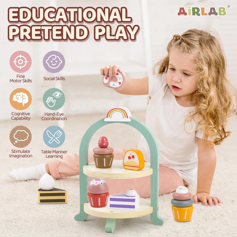 Airlab Wooden Cake Toys Tea Party Set Desserts Food Toy with Cupcake Stand Kids Pretend Play Kitchen Accessories Wooden Play Food Set Toy Baking Gift for 3 4 5 Years Old Girls Boys - Image 3