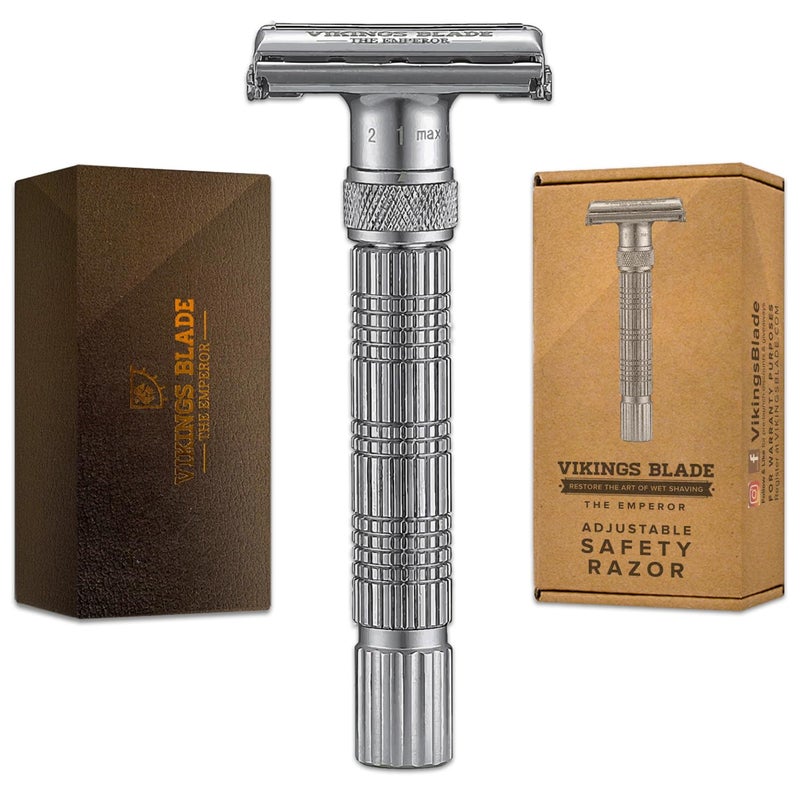 VIKINGS BLADE Adjustable Double Edge Safety Razor + Luxury Case. Smooth, Reusable, Eco-Friendly (The Emperor “Frosted Chrome”) - Image 1