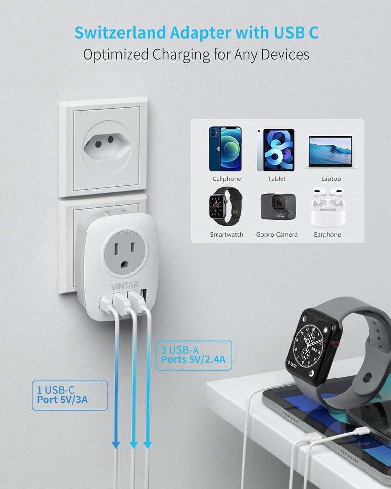 VINTAR 2 Pack Switzerland Plug Adapter, Type J Adapter Switzerland with 1 USB C,3 USB Ports and 2 American Outlets, 6 in 1 Swiss Power Adapter for US to Switzerland, Rwanda, Liechtenstein - Image 4