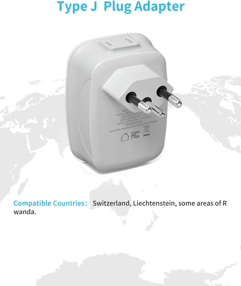 VINTAR 2 Pack Switzerland Plug Adapter, Type J Adapter Switzerland with 1 USB C,3 USB Ports and 2 American Outlets, 6 in 1 Swiss Power Adapter for US to Switzerland, Rwanda, Liechtenstein - Image 2