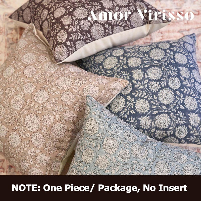 Amor Virisso Floral Pillow Covers 18x18 Throw Pillow Covers Vintage Block Print Pillow Cover Neutral Couch Pillows for Living Room Farmhouse Decorative Accent Sofa Pillows, Dusty Blue - Image 3