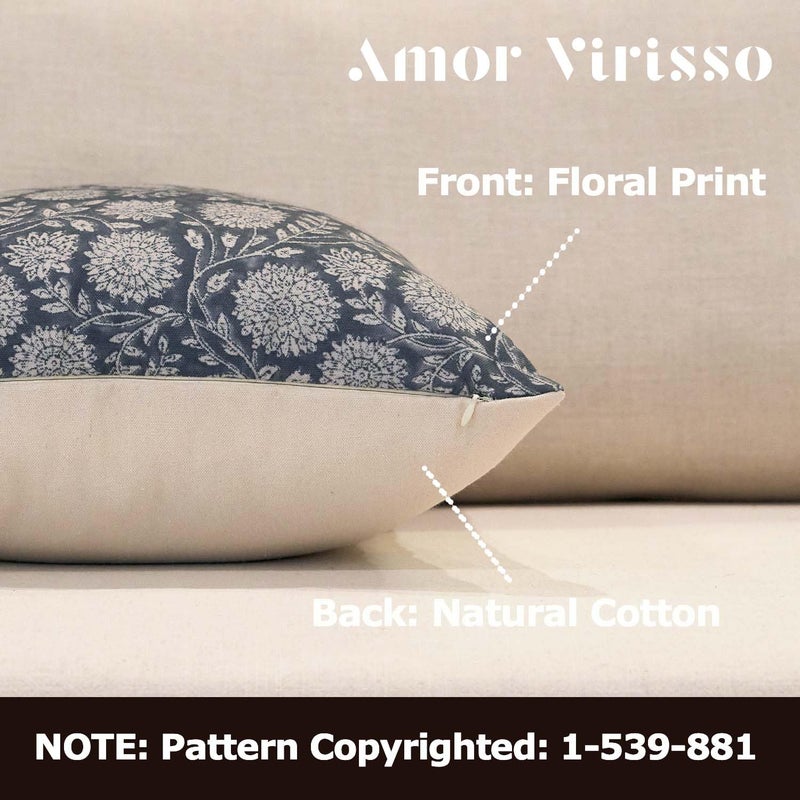 Amor Virisso Floral Pillow Covers 18x18 Throw Pillow Covers Vintage Block Print Pillow Cover Neutral Couch Pillows for Living Room Farmhouse Decorative Accent Sofa Pillows, Dusty Blue - Image 2