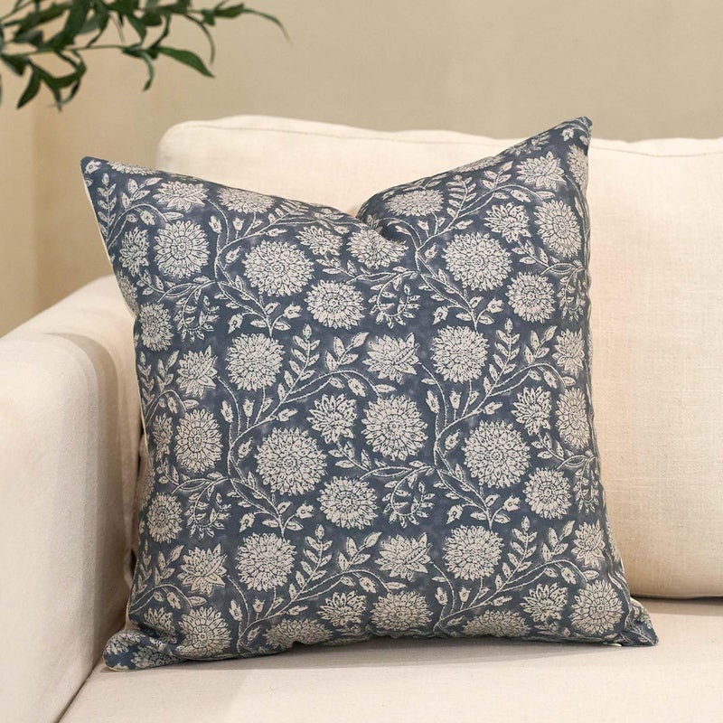 Amor Virisso Floral Pillow Covers 18x18 Throw Pillow Covers Vintage Block Print Pillow Cover Neutral Couch Pillows for Living Room Farmhouse Decorative Accent Sofa Pillows, Dusty Blue - Image 1