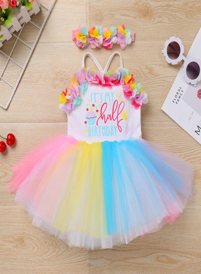 ODASDO 1/2 Birthday Girl Outfit, Infant Half Way to One Party Dress It's My Half Birthday Outfits Girls Princess Tutu Rainbow Tulle Romper Dresses 6 Months Photoshooting Summer Casual Colorful 6-9 Months - Image 2