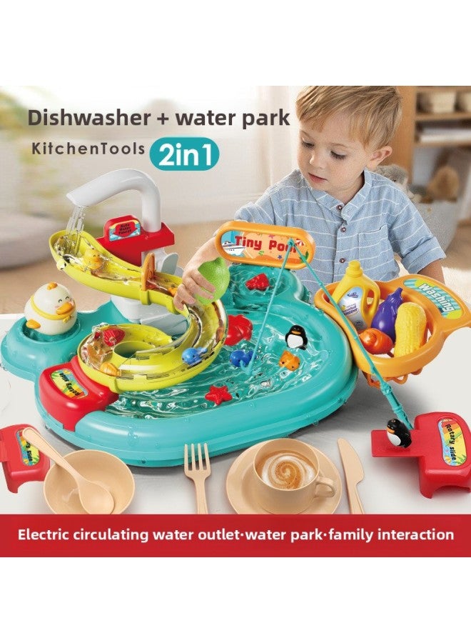 Children Play House Fishing Water Playing Kitchen Dishwashing Toys Two-in-one Educational Electric Water Circulation Water Park-Color:Dishwash Basin Pink 14-piece Set - Image 4