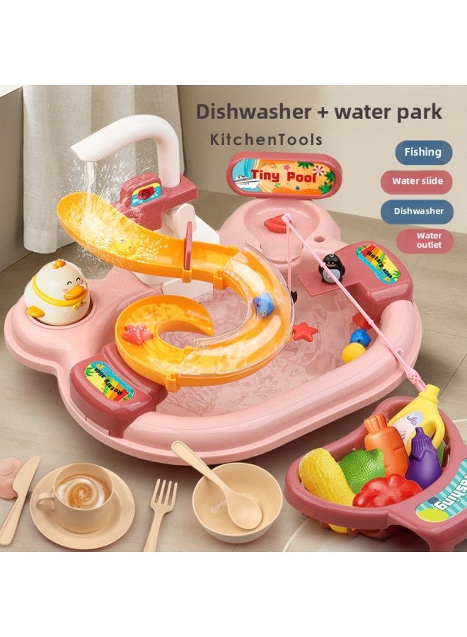 Children Play House Fishing Water Playing Kitchen Dishwashing Toys Two-in-one Educational Electric Water Circulation Water Park-Color:Dishwash Basin Pink 14-piece Set - Image 2