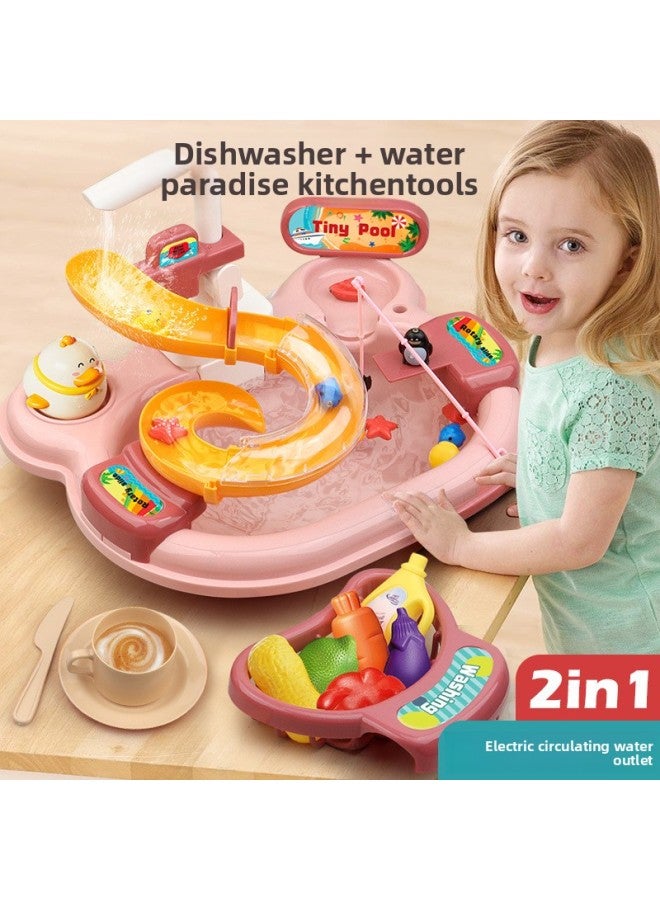 Children Play House Fishing Water Playing Kitchen Dishwashing Toys Two-in-one Educational Electric Water Circulation Water Park-Color:Dishwash Basin Pink 14-piece Set - Image 5