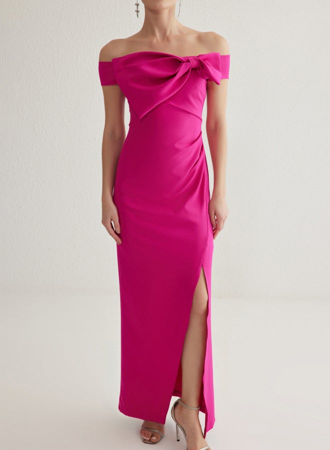 trendyol Fuchsia Carmen Collar Bowknot Woven Maxi Chic Evening Night Graduation Dress - Image 3