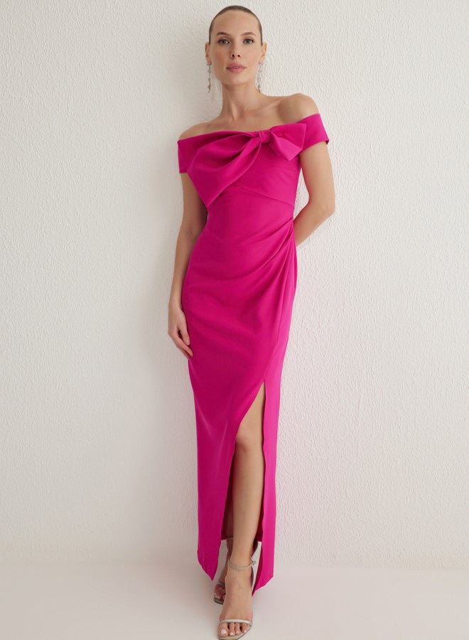 trendyol Fuchsia Carmen Collar Bowknot Woven Maxi Chic Evening Night Graduation Dress - Image 1