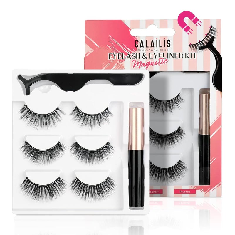 CALAILIS Magnetic Eyelashes for WomenNatural Reusable Magnet Eyelashes 3 Pairs Eyelashes Magnetic with Tweezers Waterproof EyelinerCY302 - Image 1