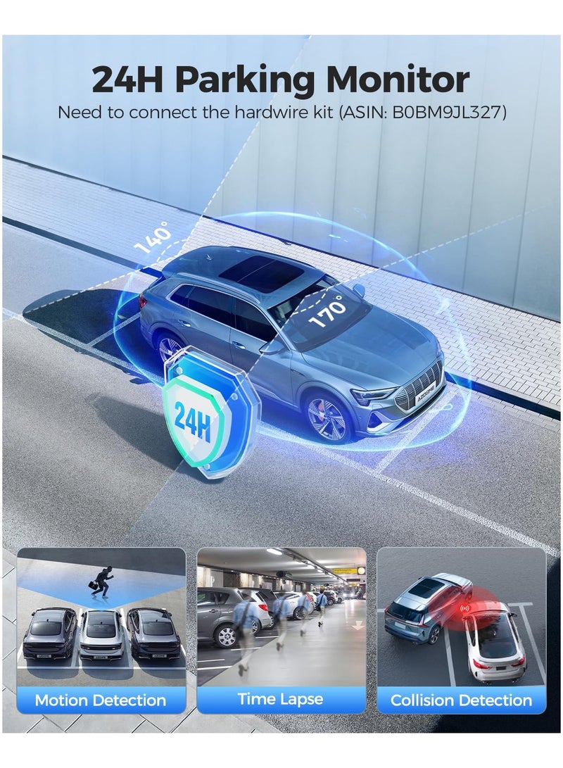 أزدوم كاميرا داش AZDOME GS63H Pro – تسجيل مزدوج 4K+1080P، شاشة IPS بقياس 2.4 بوصة، نظام GPS، واي فاي 6، تطبيق تحكم، زاوية رؤية 130°، جهاز تسجيل فيديو للسيارات (DVR)، مراقبة وقوف على مدار 24 ساعة. - Image 5