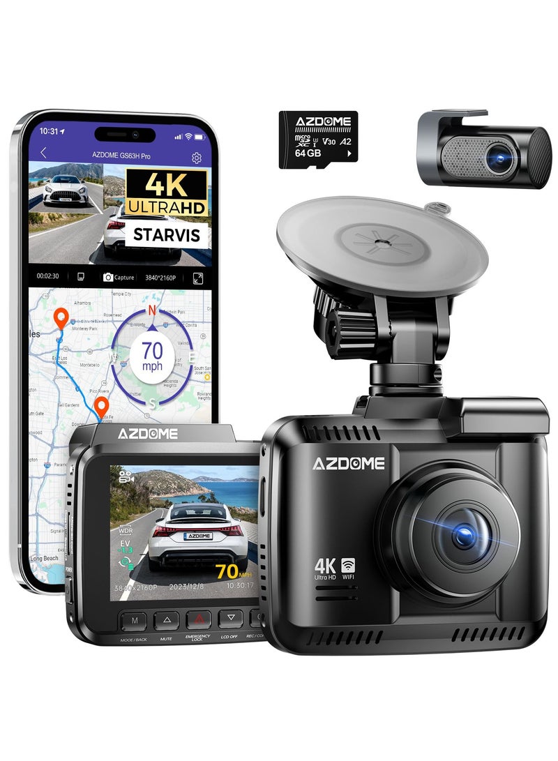 أزدوم كاميرا داش AZDOME GS63H Pro – تسجيل مزدوج 4K+1080P، شاشة IPS بقياس 2.4 بوصة، نظام GPS، واي فاي 6، تطبيق تحكم، زاوية رؤية 130°، جهاز تسجيل فيديو للسيارات (DVR)، مراقبة وقوف على مدار 24 ساعة. - Image 1