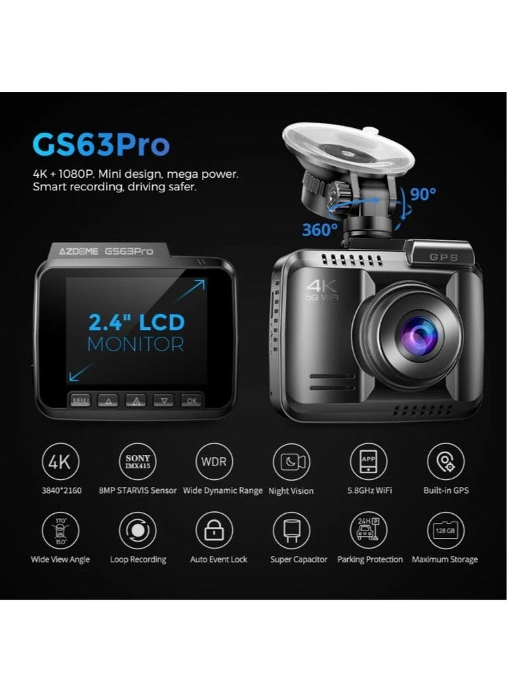 أزدوم كاميرا داش AZDOME GS63H Pro – تسجيل مزدوج 4K+1080P، شاشة IPS بقياس 2.4 بوصة، نظام GPS، واي فاي 6، تطبيق تحكم، زاوية رؤية 130°، جهاز تسجيل فيديو للسيارات (DVR)، مراقبة وقوف على مدار 24 ساعة. - Image 2