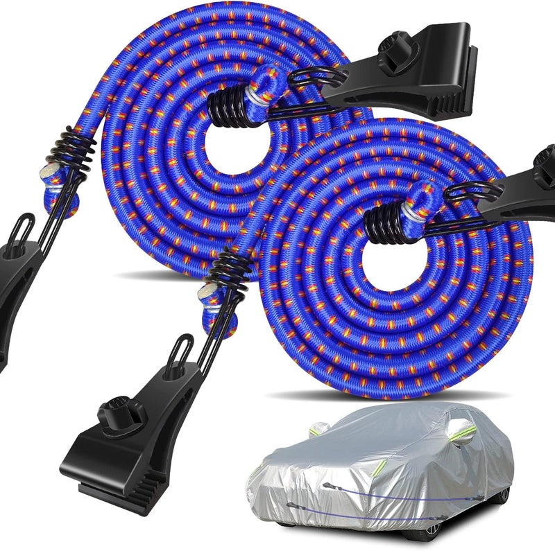 Hlogree 2PCS Car Cover Gust Straps Wind Protector,Bungee Cords Hook Clips Kit Hold Tarp Tie Down from Blowing Off in High Winds-Universal Fit for Most Cars,Sedans,SUVs,Trucks,Vans and More-Blue General standard compliant quality - Image 1