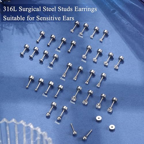 THUNARAZ 16 Pairs Tiny Cartilage Stud Earrings for Women Men Surgical Steel Flat Back Cartilage Earrings Hypoallergenic Cubic Zirconia Ball Studs Earrings 2mm 3mm Tragus Helix Piercing Silver Tone - Image 5