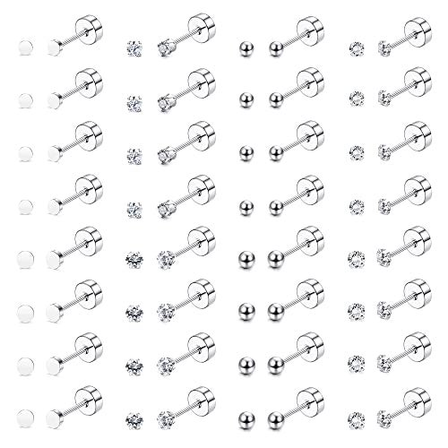 THUNARAZ 16 Pairs Tiny Cartilage Stud Earrings for Women Men Surgical Steel Flat Back Cartilage Earrings Hypoallergenic Cubic Zirconia Ball Studs Earrings 2mm 3mm Tragus Helix Piercing Silver Tone - Image 1