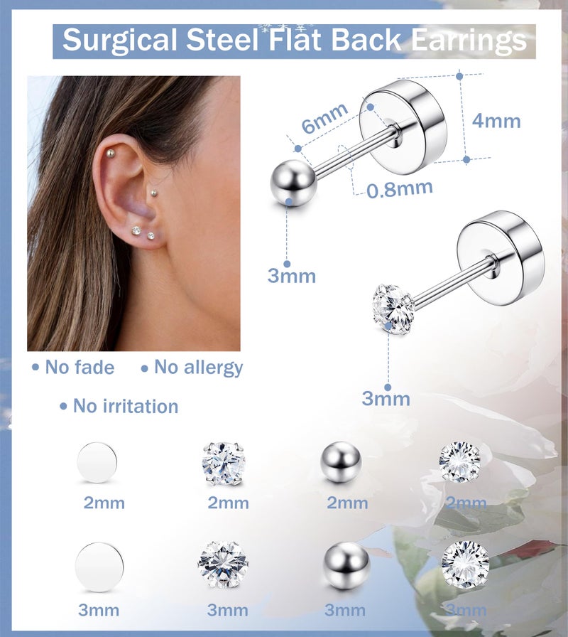 THUNARAZ 16 Pairs Tiny Cartilage Stud Earrings for Women Men Surgical Steel Flat Back Cartilage Earrings Hypoallergenic Cubic Zirconia Ball Studs Earrings 2mm 3mm Tragus Helix Piercing Silver Tone - Image 3