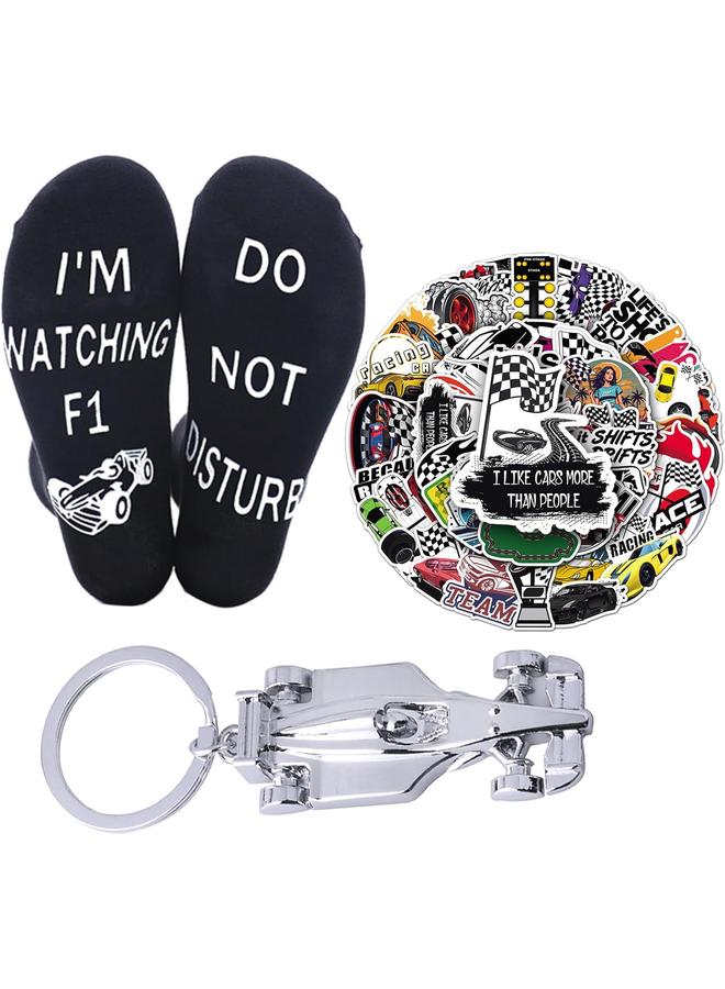 Bluejw F1 Merch Gifts Set Including F1 Gift Socks 3D F1 Race Car KeyChain 50Pcs F1 Stickers Gifting for Father Husband Boyfriends - Image 1