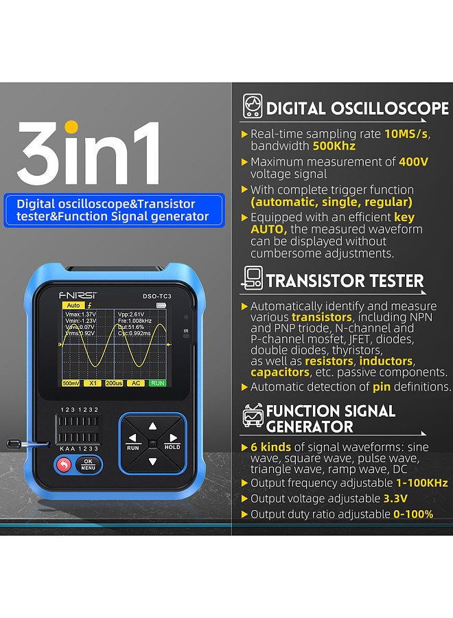 3in1 Digital Oscilloscope Transistor Tester Function Signal Generator Meter Handheld Oscilloscope 2.4inch TFT Display 10MS/s Sample Rate 500KHz Bandwidth Oscillometer