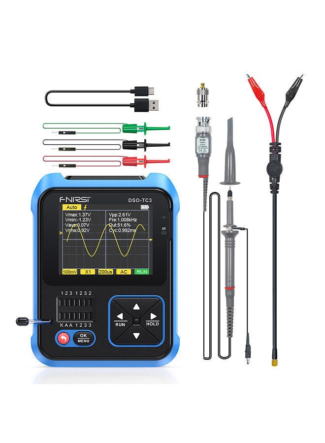 3in1 Digital Oscilloscope Transistor Tester Function Signal Generator Meter Handheld Oscilloscope 2.4inch TFT Display 10MS/s Sample Rate 500KHz Bandwidth Oscillometer