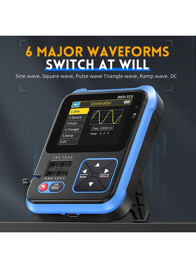 3in1 Digital Oscilloscope Transistor Tester Function Signal Generator Meter Handheld Oscilloscope 2.4inch TFT Display 10MS/s Sample Rate 500KHz Bandwidth Oscillometer