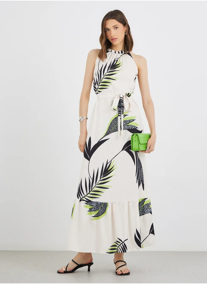 Take Two Take Two Printed Sleeveless Ruffle Hem Belted Maxi Dress