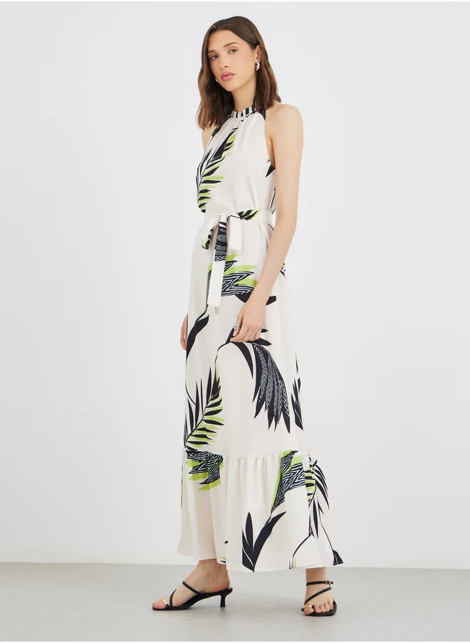 Take Two Take Two Printed Sleeveless Ruffle Hem Belted Maxi Dress