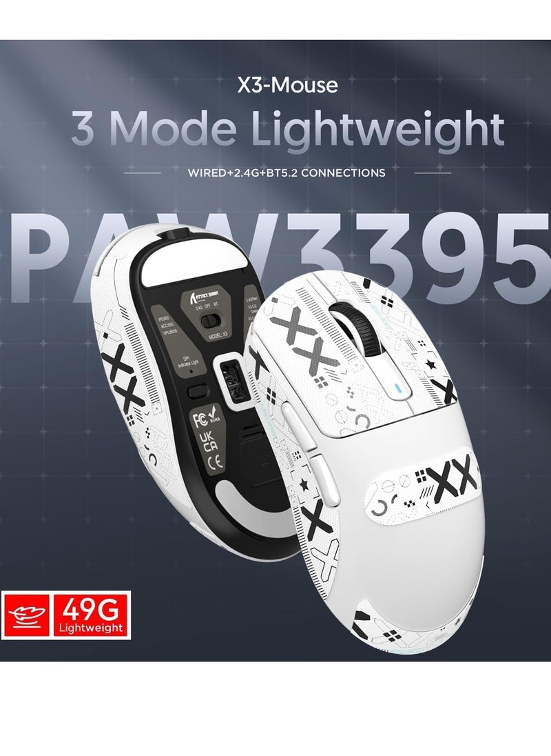 Attack Shark Attack Shark X3 Wireless Gaming Mouse, 49g Ultralight, PixArt PAW3395 26000 DPI, Bluetooth/2.4Ghz /Wired Tri-Mode, 200Hrs Rechargeable Battery, Kailh GM8.0 Switch for MAC/Win - White&Tape  - Image 3