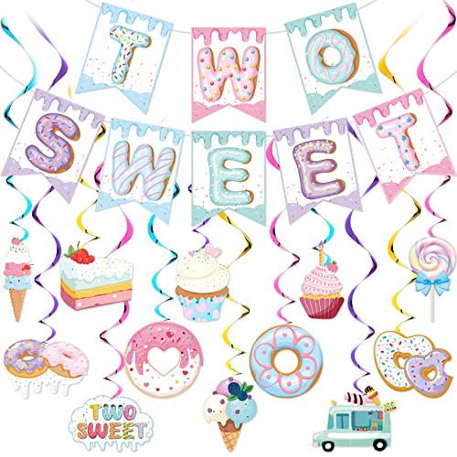 Tinlade 25 Pcs Two Sweet Donut Birthday Party Decorations Include Two Sweet Banner 24 Ice Cream and Donut Party Hanging Streamers 2nd Birthday Decorations for Girl - Image 1