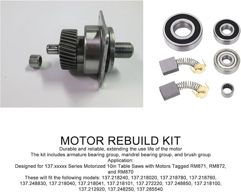 مجموعة إعادة بناء محرك الأداء المعدني 6 قطع متوافقة مع مناشير الطاولة Sears RM870 و RM871 و RM872 - Image 3