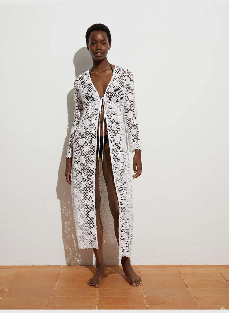 oysho Long crochet open tunic in cotton