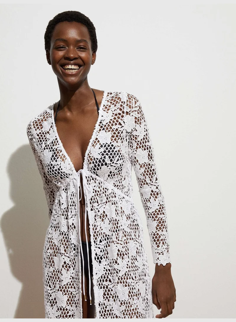oysho Long crochet open tunic in cotton