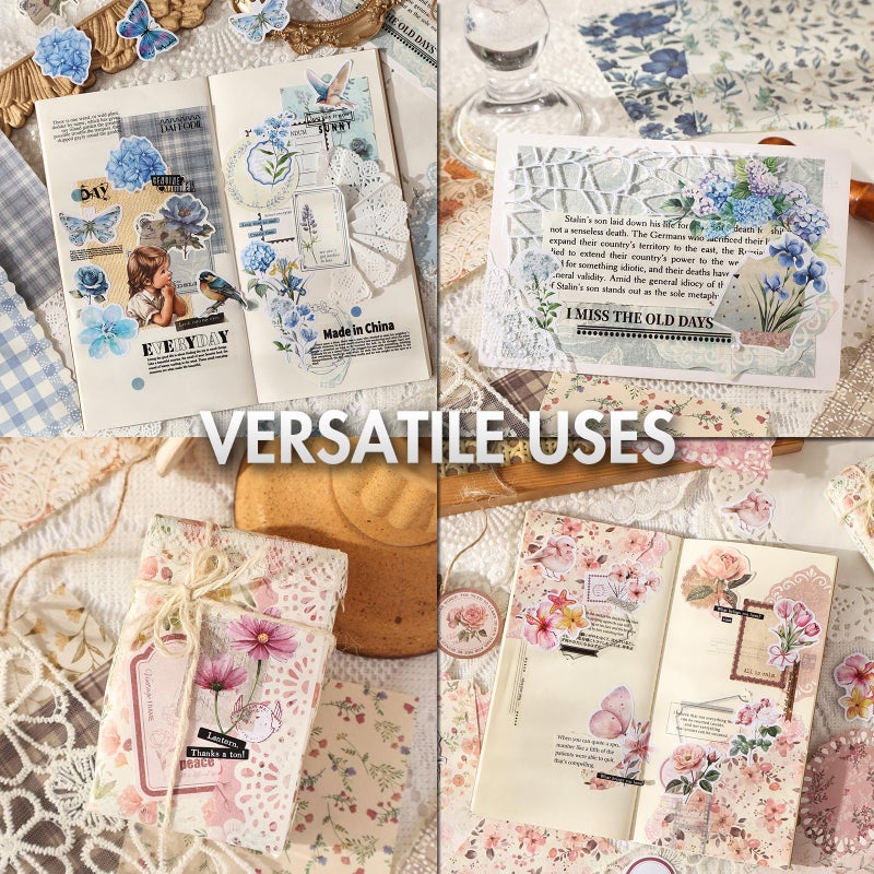 OKUPAN Scrapbook Supplies Kit â€“ 400Pcs Vintage Floral Scrapbook Paper & Junk Journal Stickers, 4 Pack Journaling Supplies for Bullet Journaling, Retro Crafts, Planner, Mixed Media, Collage Card Album - Image 2