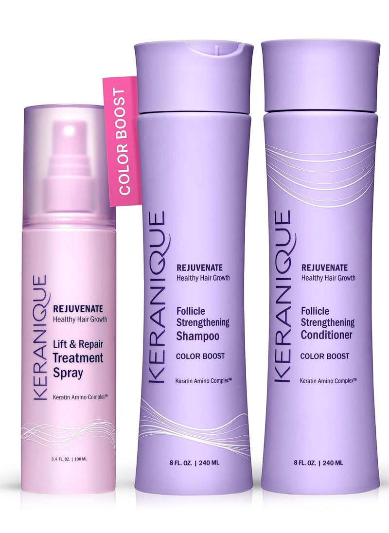Keranique Keranique Color Treated Shampoo and Conditioner Set with Hair Thickening Spray - Keratin Enriched Color Boost Set w/Shampoo & Conditioner and Lift & Repair Spray for Women w/Fine, Thin, Colored Hair 