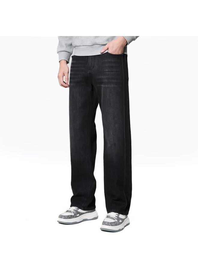 DANCING WOLVES Dancing With Wolves Warm Comfortable Slim Straight Patchwork Thick Denim Pants Men 002 Black Gray 36 - Image 4