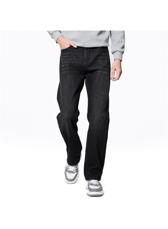 DANCING WOLVES Dancing With Wolves Warm Comfortable Slim Straight Patchwork Thick Denim Pants Men 002 Black Gray 36 - Image 1