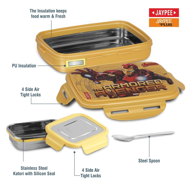 JAYPEE Steel Tek Sr. Insulated Lunch Box Marvel Avenger, Yellow, 600 ml| Airtight Tiffin Box for School Kids Inner Stainless Steel |Airtight |Leakproof |100% Food Grade|Bpa Free - Image 4