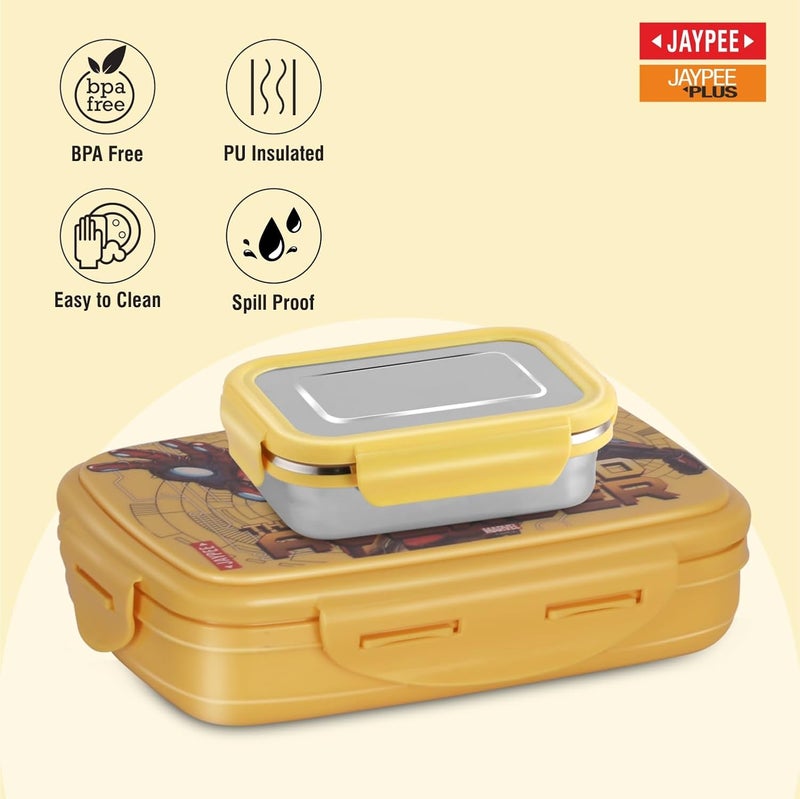 JAYPEE Steel Tek Sr. Insulated Lunch Box Marvel Avenger, Yellow, 600 ml| Airtight Tiffin Box for School Kids Inner Stainless Steel |Airtight |Leakproof |100% Food Grade|Bpa Free - Image 3