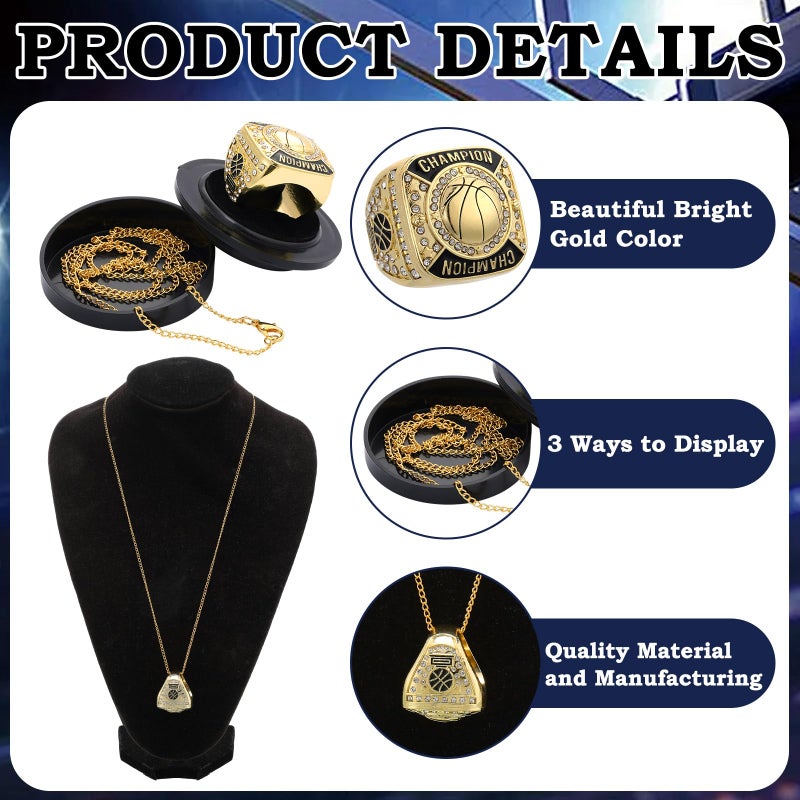 Remuuly 12 Pcs Basketball Champion Rings Basketball Champion Trophy Rings Award Gift Prize with Display Neck Chain and Stand for Basketball Tournament or Champion Winner (Gold) - Image 3