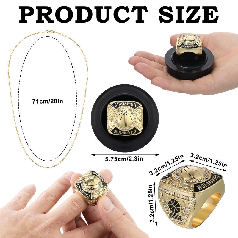 Remuuly 12 Pcs Basketball Champion Rings Basketball Champion Trophy Rings Award Gift Prize with Display Neck Chain and Stand for Basketball Tournament or Champion Winner (Gold) - Image 2