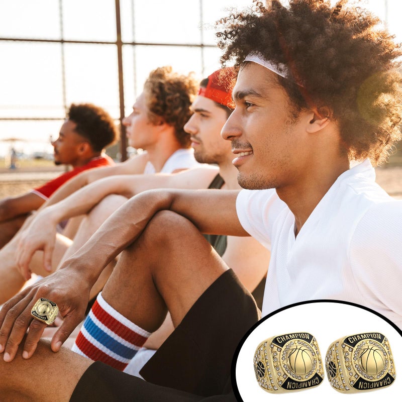 Remuuly 12 Pcs Basketball Champion Rings Basketball Champion Trophy Rings Award Gift Prize with Display Neck Chain and Stand for Basketball Tournament or Champion Winner (Gold) - Image 5